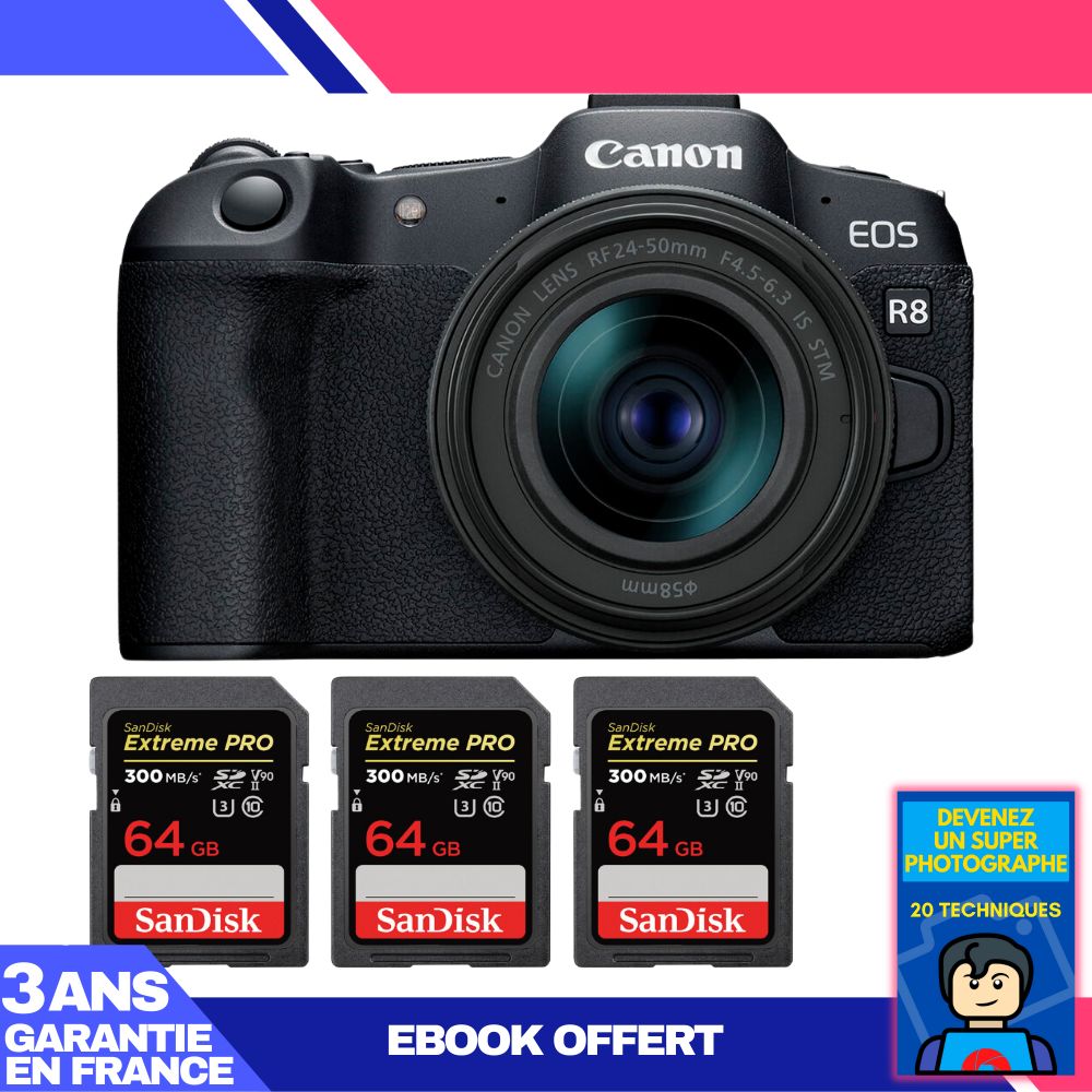 Boitier Canon EOS R8 + RF 24 50mm IS STM + 3 SanDisk Extreme PRO UHS II SDXC 300 MB/ + Ebook 'Devenez Un Super Photographe - vue 2
