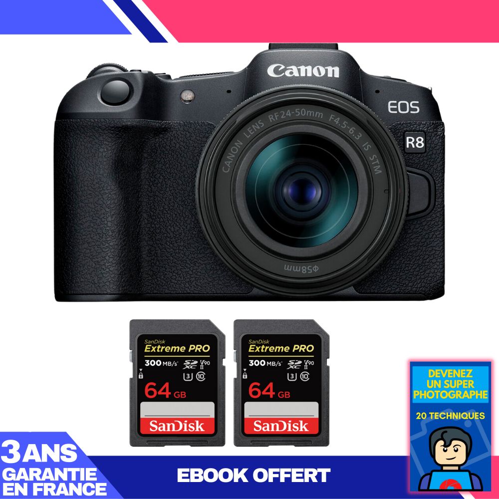 Boitier Canon EOS R8 + RF 24 50mm IS STM + 2 SanDisk Extreme PRO UHS II SDXC 300 MB/ + Ebook 'Devenez Un Super Photographe - vue 2