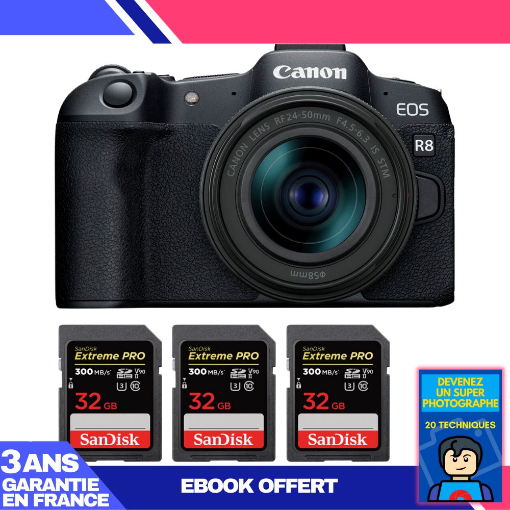 Boitier Canon EOS R8 + RF 24 50mm IS STM + 3 SanDisk Extreme PRO UHS II SDXC 300 MB/ + Ebook 'Devenez Un Super Photographe
