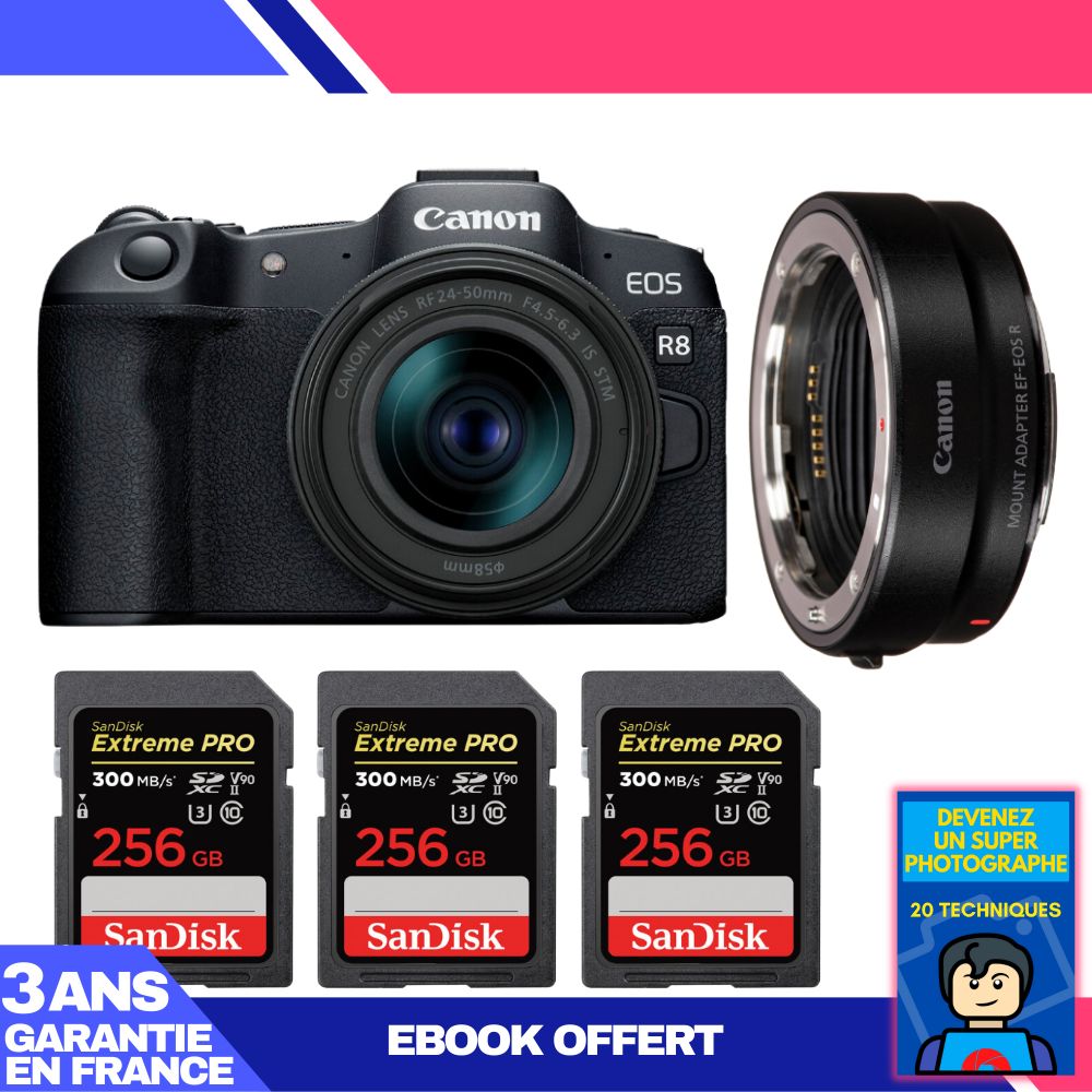 Boitier Canon EOS R8 + RF 24 50mm IS STM + EF EOS R + 3 SanDisk Extreme PRO UHS II SDXC 300 MB/ + Ebook 'Devenez Un Super Photographe - vue 3