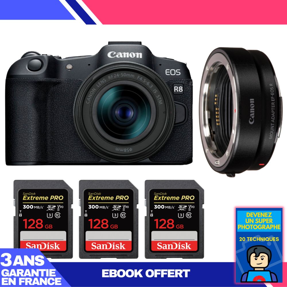 Boitier Canon EOS R8 + RF 24 50mm IS STM + EF EOS R + 3 SanDisk Extreme PRO UHS II SDXC 300 MB/ + Ebook 'Devenez Un Super Photographe - vue 4