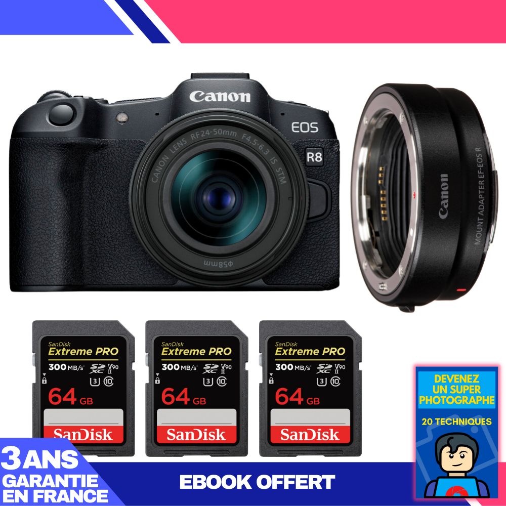 Boitier Canon EOS R8 + RF 24 50mm IS STM + EF EOS R + 3 SanDisk Extreme PRO UHS II SDXC 300 MB/ + Ebook 'Devenez Un Super Photographe - vue 2