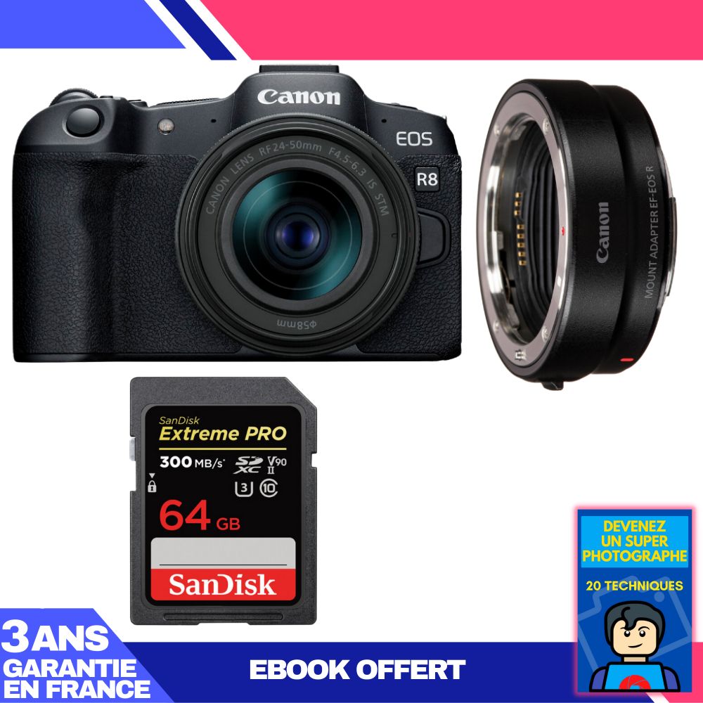 Boitier Canon EOS R8 + RF 24 50mm IS STM + EF EOS R + 1 SanDisk Extreme PRO UHS II SDXC 300 MB/ + Ebook 'Devenez Un Super Photographe - vue 2