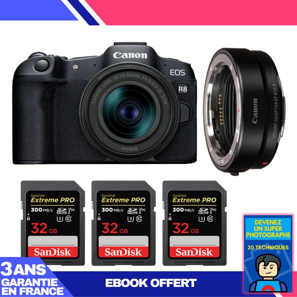 Boitier Canon EOS R8 + RF 24 50mm IS STM + EF EOS R + 3 SanDisk Extreme PRO UHS II SDXC 300 MB/ + Ebook 'Devenez Un Super Photographe
