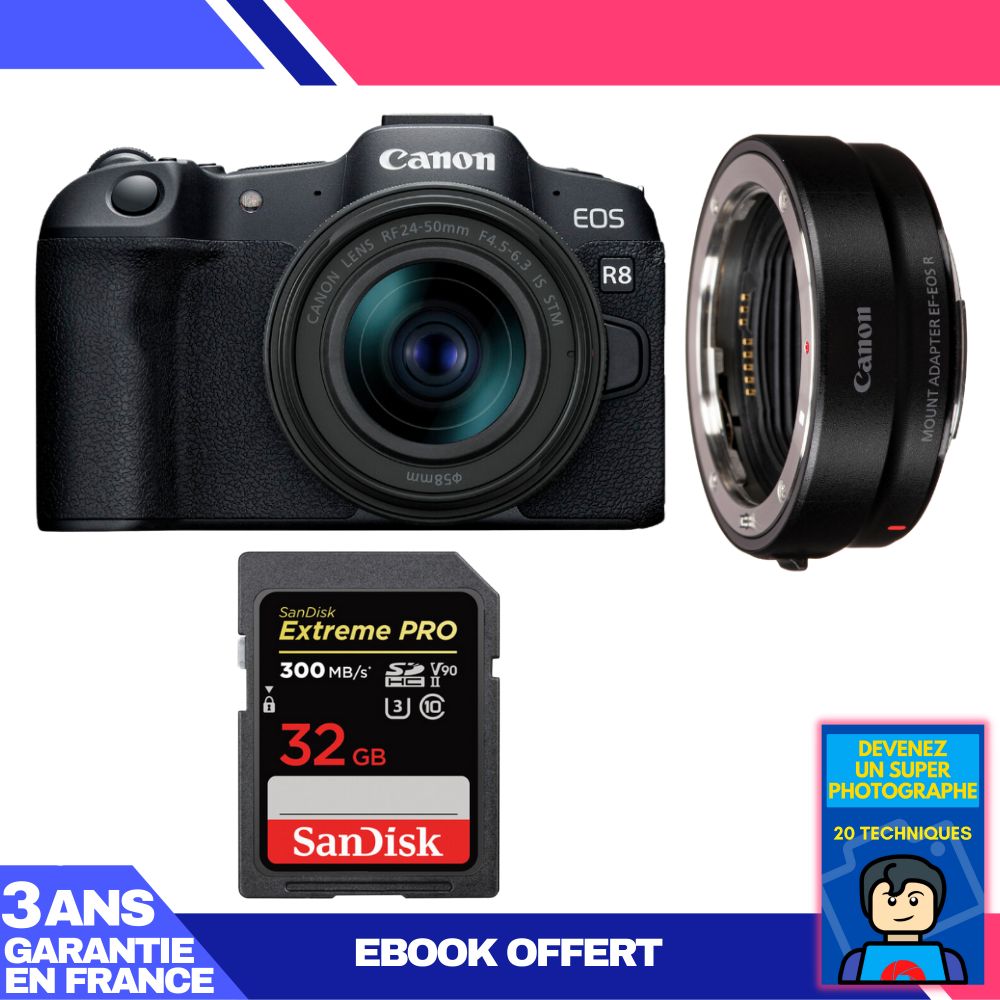 Boitier Canon EOS R8 + RF 24 50mm IS STM + EF EOS R + 1 SanDisk Extreme PRO UHS II SDXC 300 MB/ + Ebook 'Devenez Un Super Photographe - vue 4