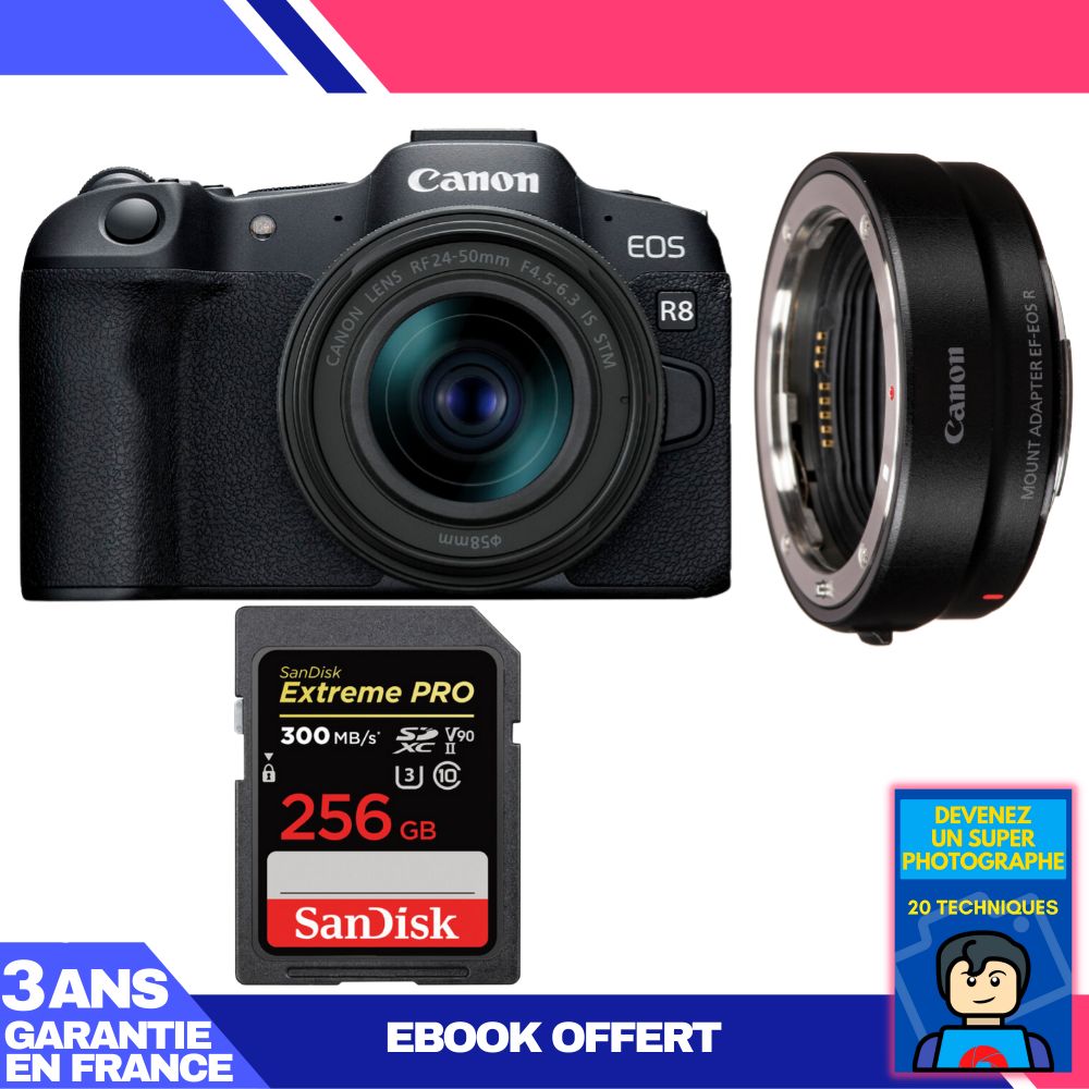 Boitier Canon EOS R8 + RF 24 50mm IS STM + EF EOS R + 1 SanDisk Extreme PRO UHS II SDXC 300 MB/ + Ebook 'Devenez Un Super Photographe