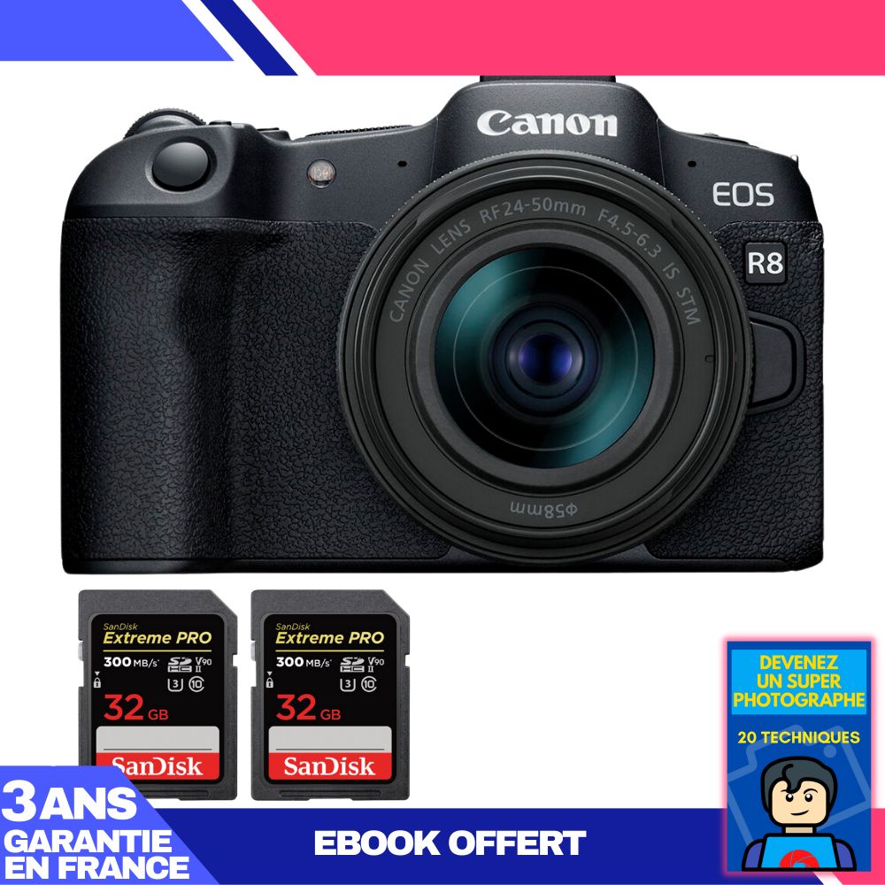 Boitier Canon EOS R8 + RF 24 50mm IS STM + 2 SanDisk Extreme PRO UHS II SDXC 300 MB/ + Ebook 'Devenez Un Super Photographe