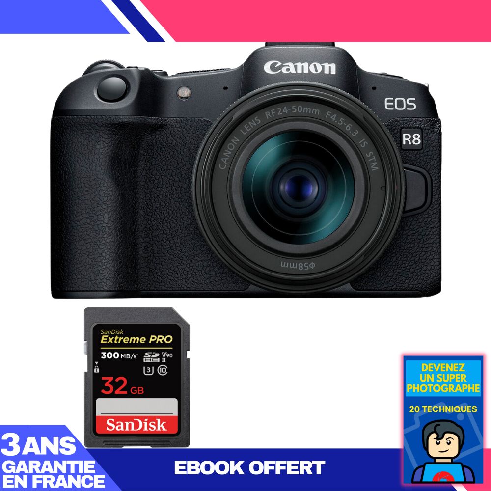 Boitier Canon EOS R8 + RF 24 50mm IS STM + 1 SanDisk Extreme PRO UHS II SDXC 300 MB/ + Ebook 'Devenez Un Super Photographe