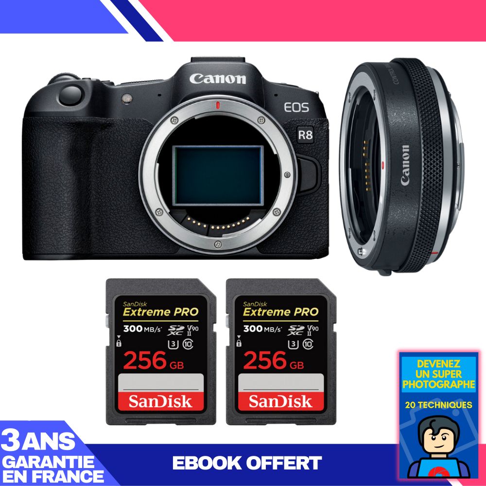 Boitier Canon EOS R8 + EF EOS R Premium + 2 SanDisk Extreme PRO UHS II SDXC 300 MB/ + Ebook 'Devenez Un Super Photographe