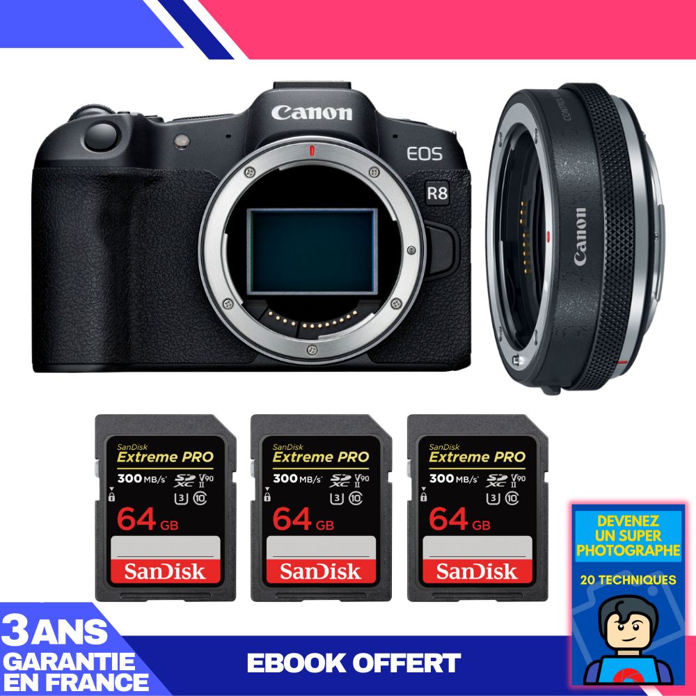 Boitier Canon EOS R8 + EF EOS R Premium + 3 SanDisk Extreme PRO UHS II SDXC 300 MB/ + Ebook 'Devenez Un Super Photographe