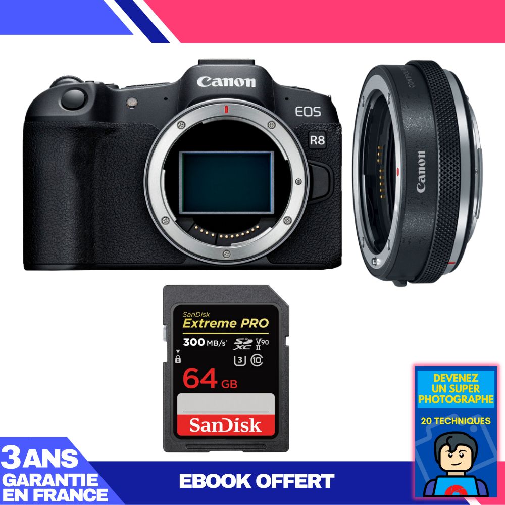 Boitier Canon EOS R8 + EF EOS R Premium + 1 SanDisk Extreme PRO UHS II SDXC 300 MB/ + Ebook 'Devenez Un Super Photographe - vue 2