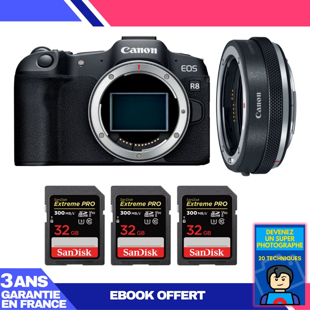 Boitier Canon EOS R8 + EF EOS R Premium + 3 SanDisk Extreme PRO UHS II SDXC 300 MB/ + Ebook 'Devenez Un Super Photographe - vue 2