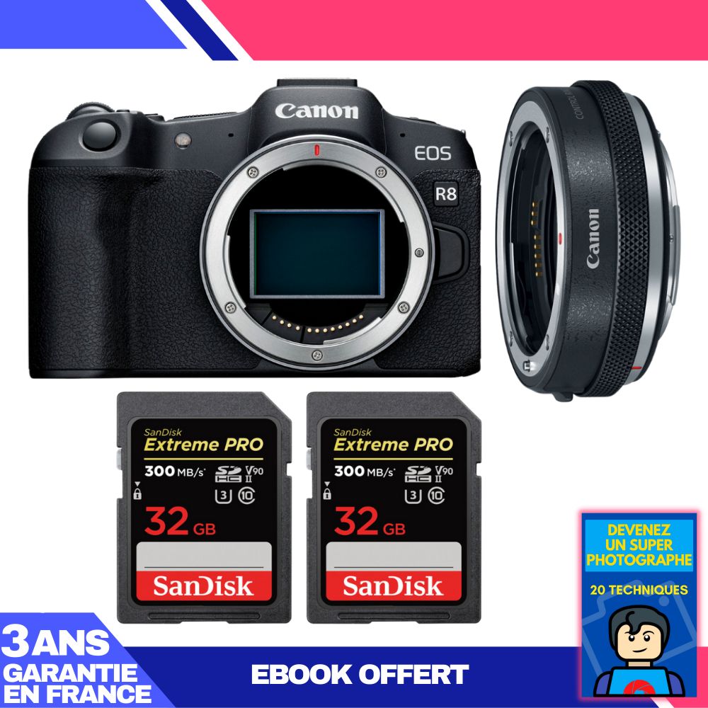 Boitier Canon EOS R8 + EF EOS R Premium + 2 SanDisk Extreme PRO UHS II SDXC 300 MB/ + Ebook 'Devenez Un Super Photographe - vue 2
