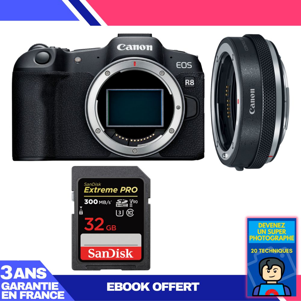 Boitier Canon EOS R8 + EF EOS R Premium + 1 SanDisk Extreme PRO UHS II SDXC 300 MB/ + Ebook 'Devenez Un Super Photographe
