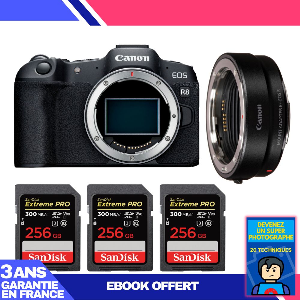 Boitier Canon EOS R8 + EF EOS R + 3 SanDisk Extreme PRO UHS II SDXC 300 MB/ + Ebook 'Devenez Un Super Photographe - vue 2