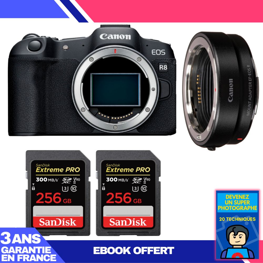 Boitier Canon EOS R8 + EF EOS R + 2 SanDisk Extreme PRO UHS II SDXC 300 MB/ + Ebook 'Devenez Un Super Photographe - vue 3