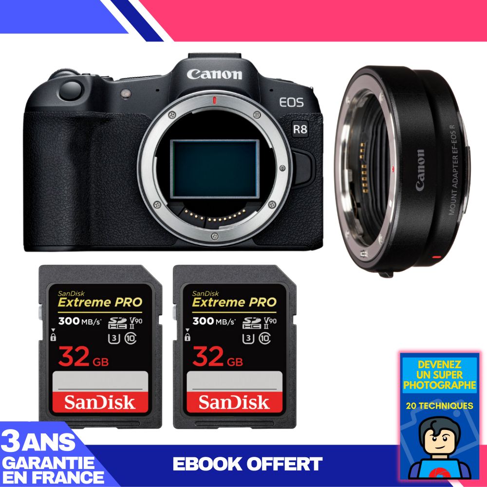 Boitier Canon EOS R8 + EF EOS R + 2 SanDisk Extreme PRO UHS II SDXC 300 MB/ + Ebook 'Devenez Un Super Photographe - vue 2