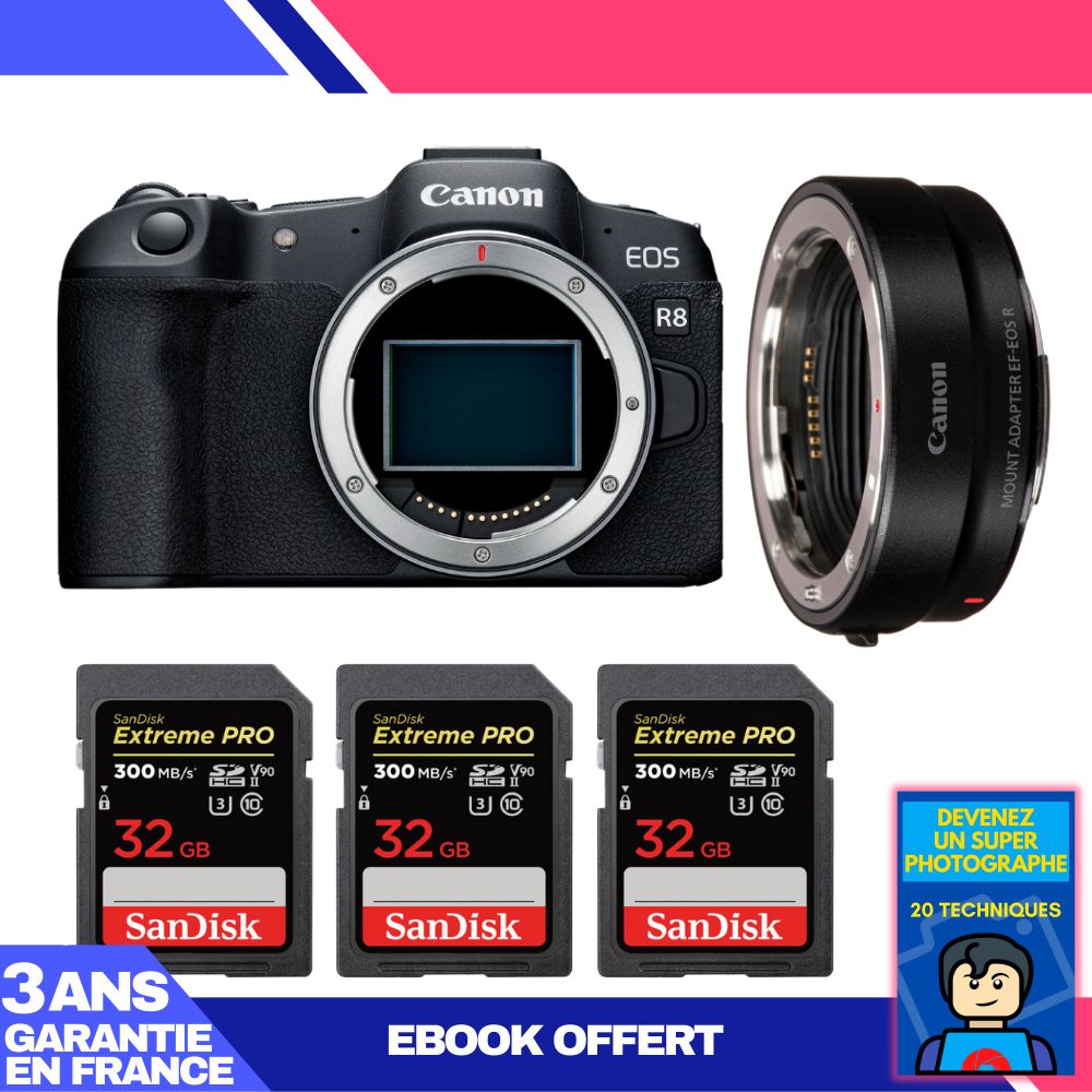 Boitier Canon EOS R8 + EF EOS R + 3 SanDisk Extreme PRO UHS II SDXC 300 MB/ + Ebook 'Devenez Un Super Photographe - vue 4