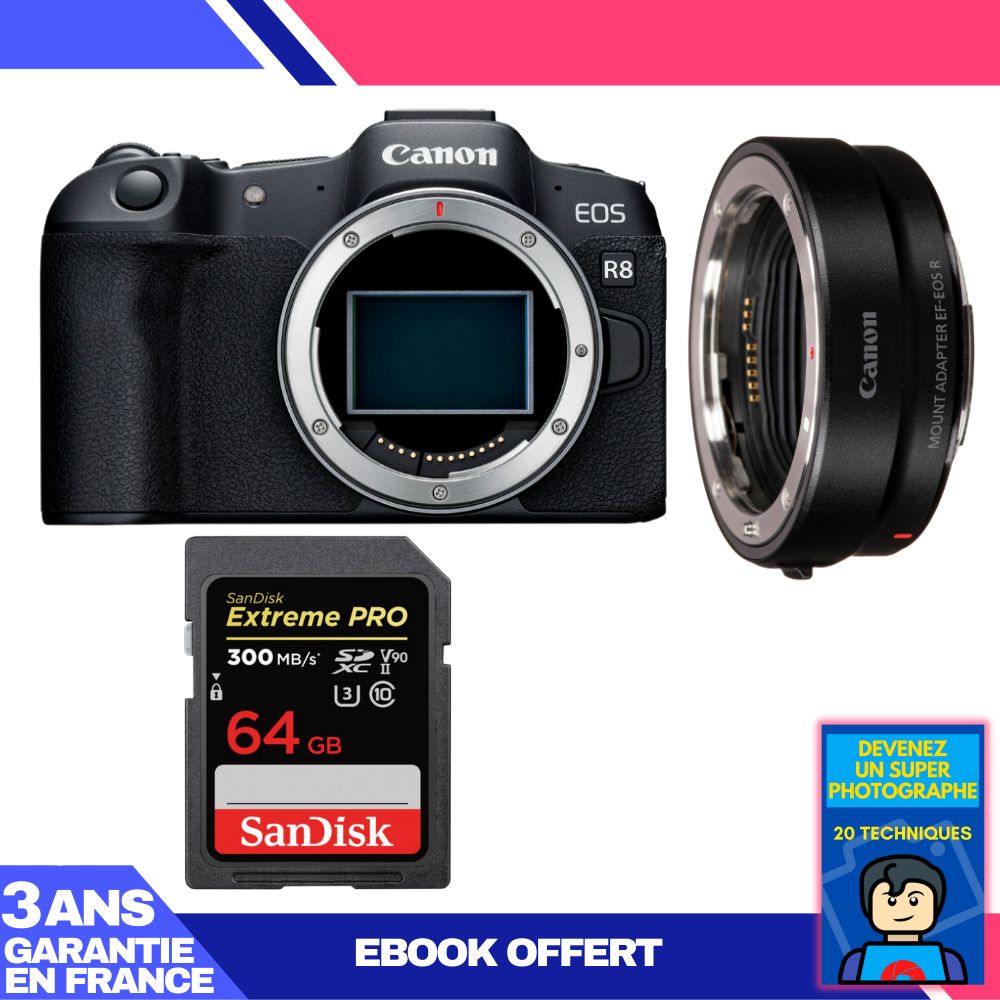 Boitier Canon EOS R8 + EF EOS R + 1 SanDisk Extreme PRO UHS II SDXC 300 MB/ + Ebook 'Devenez Un Super Photographe - vue 3