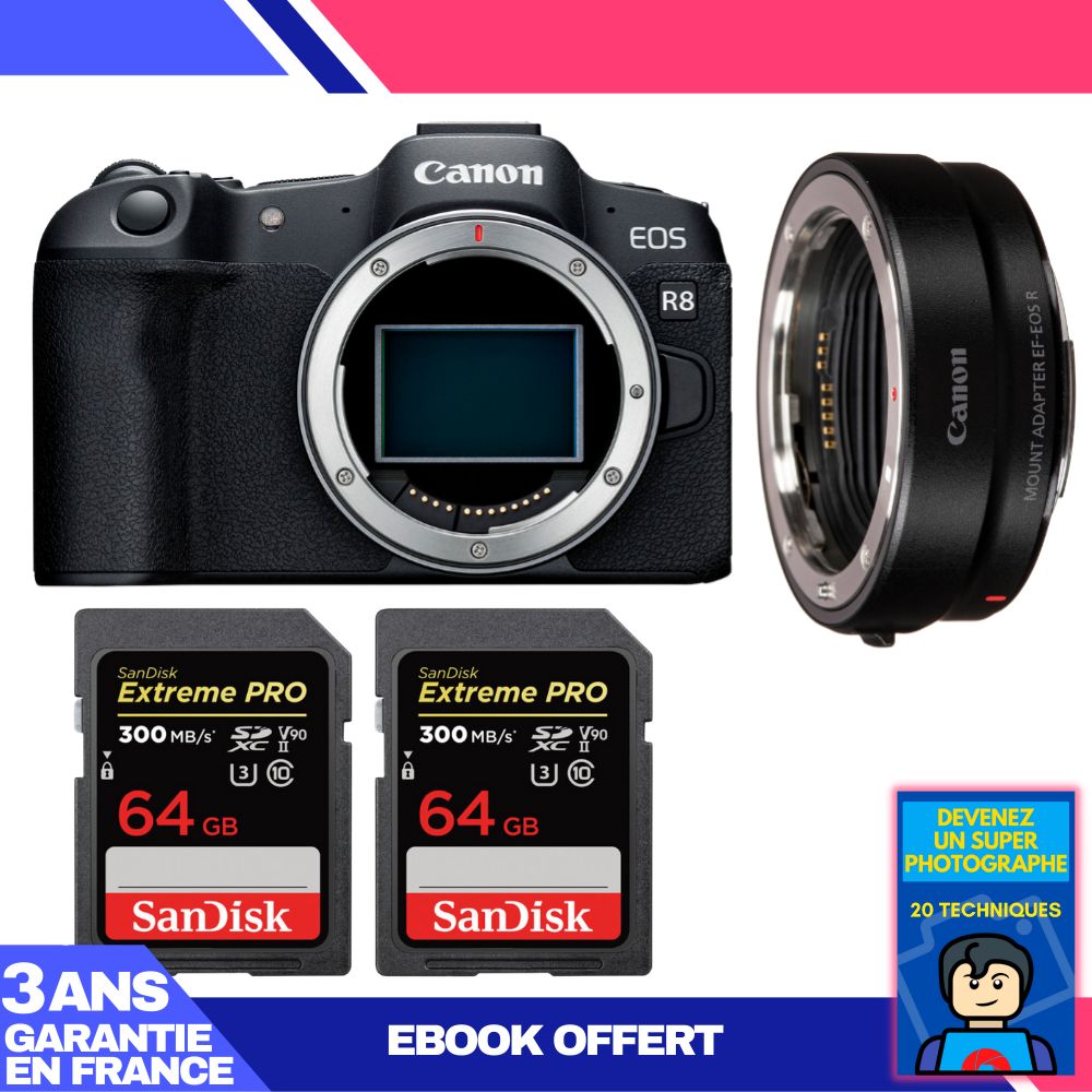 Boitier Canon EOS R8 + EF EOS R + 2 SanDisk Extreme PRO UHS II SDXC 300 MB/ + Ebook 'Devenez Un Super Photographe - vue 4
