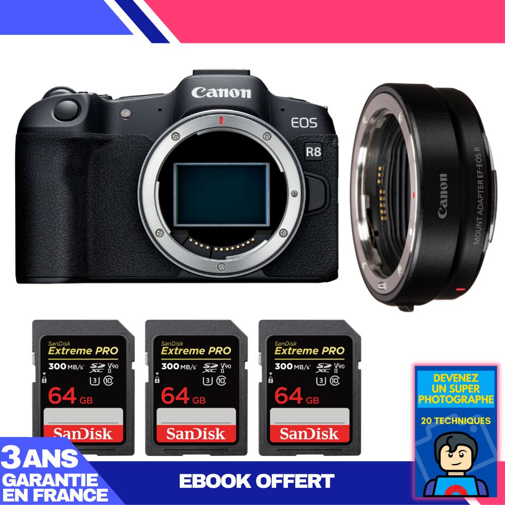 Boitier Canon EOS R8 + EF EOS R + 3 SanDisk Extreme PRO UHS II SDXC 300 MB/ + Ebook 'Devenez Un Super Photographe
