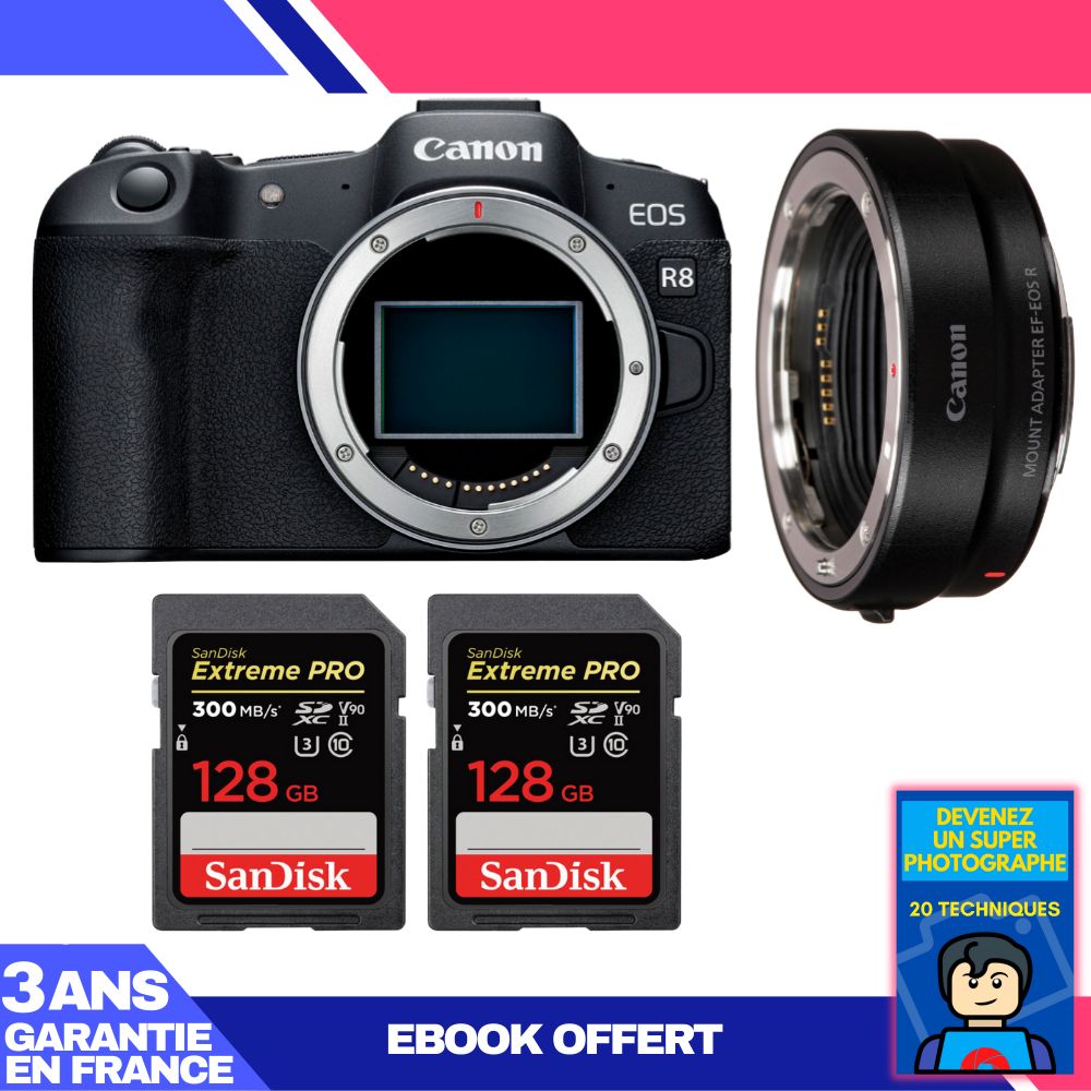 Boitier Canon EOS R8 + EF EOS R + 2 SanDisk Extreme PRO UHS II SDXC 300 MB/ + Ebook 'Devenez Un Super Photographe