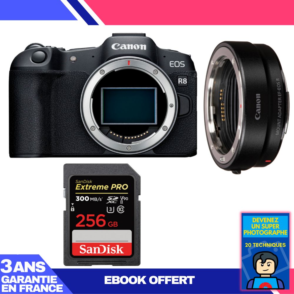 Boitier Canon EOS R8 + EF EOS R + 1 SanDisk Extreme PRO UHS II SDXC 300 MB/ + Ebook 'Devenez Un Super Photographe - vue 2