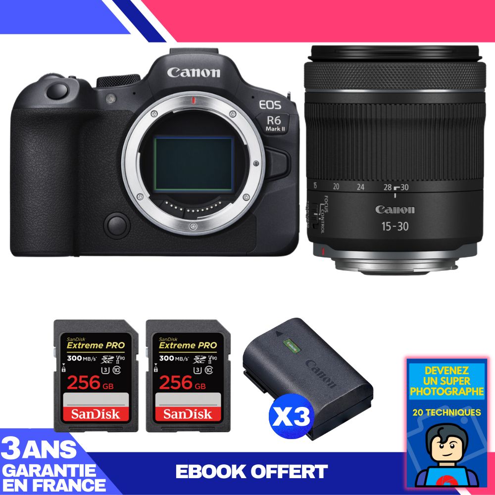 Boitier Canon EOS R6 Mark II + RF 15 30mm f4.5 6.3 IS STM + 2 SanDisk Extreme PRO UHS II SDXC 300 MB/ + 3 Canon LP E6NH + Ebook 'Devenez Un Super Photographe - vue 4
