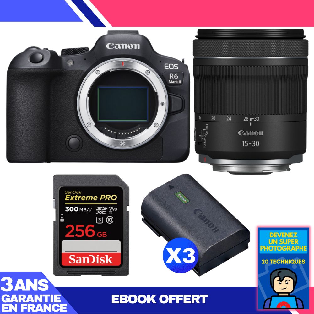 Boitier Canon EOS R6 Mark II + RF 15 30mm f4.5 6.3 IS STM + 1 SanDisk Extreme PRO UHS II SDXC 300 MB/ + 3 Canon LP E6NH + Ebook 'Devenez Un Super Photographe - vue 3