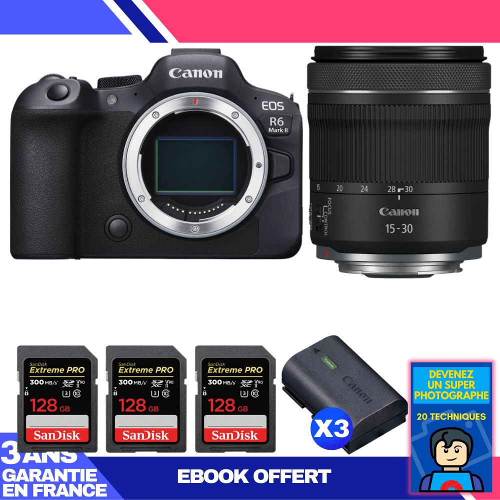 Boitier Canon EOS R6 Mark II + RF 15 30mm f4.5 6.3 IS STM + 3 SanDisk Extreme PRO UHS II SDXC 300 MB/ + 3 Canon LP E6NH + Ebook 'Devenez Un Super Photographe - vue 2