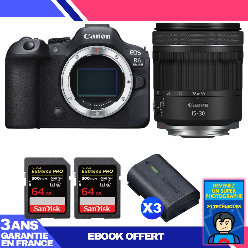 Boitier Canon EOS R6 Mark II + RF 15 30mm f4.5 6.3 IS STM + 2 SanDisk Extreme PRO UHS II SDXC 300 MB/ + 3 Canon LP E6NH + Ebook 'Devenez Un Super Photographe - vue 3