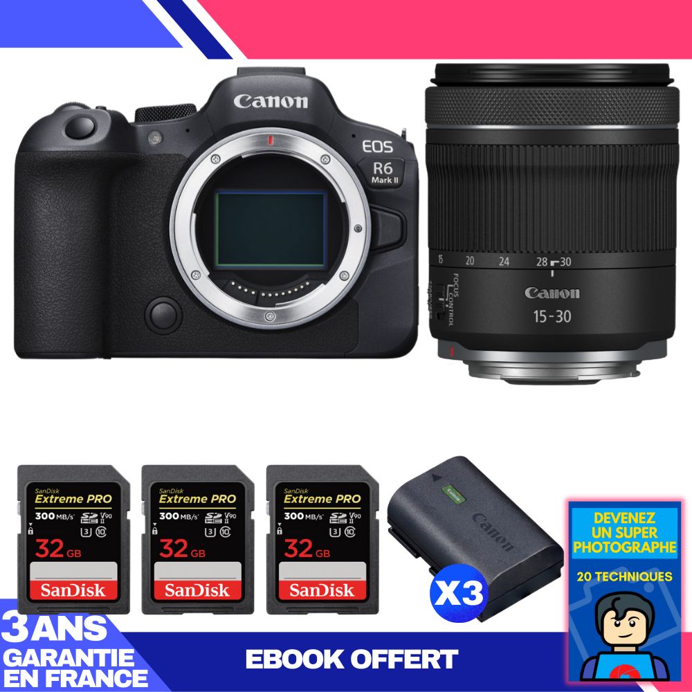 Boitier Canon EOS R6 Mark II + RF 15 30mm f4.5 6.3 IS STM + 3 SanDisk Extreme PRO UHS II SDXC 300 MB/ + 3 Canon LP E6NH + Ebook 'Devenez Un Super Photographe - vue 4