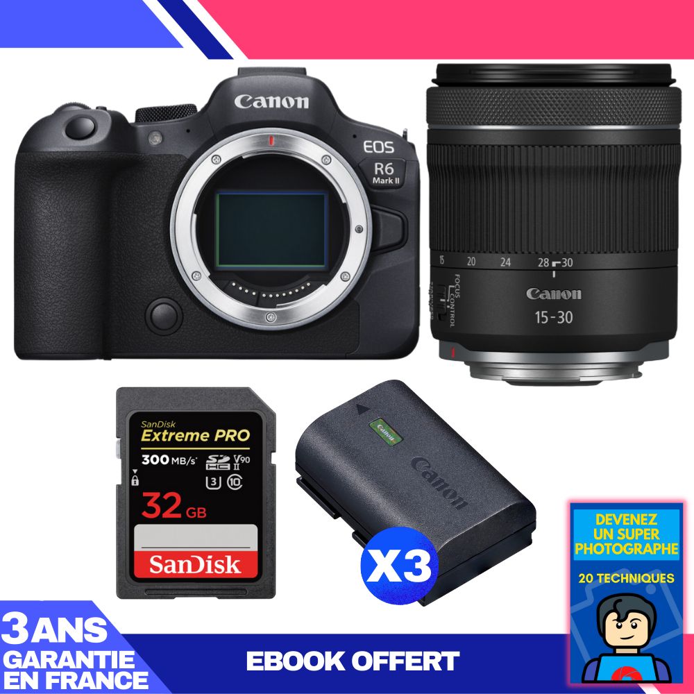 Boitier Canon EOS R6 Mark II + RF 15 30mm f4.5 6.3 IS STM + 1 SanDisk Extreme PRO UHS II SDXC 300 MB/ + 3 Canon LP E6NH + Ebook 'Devenez Un Super Photographe