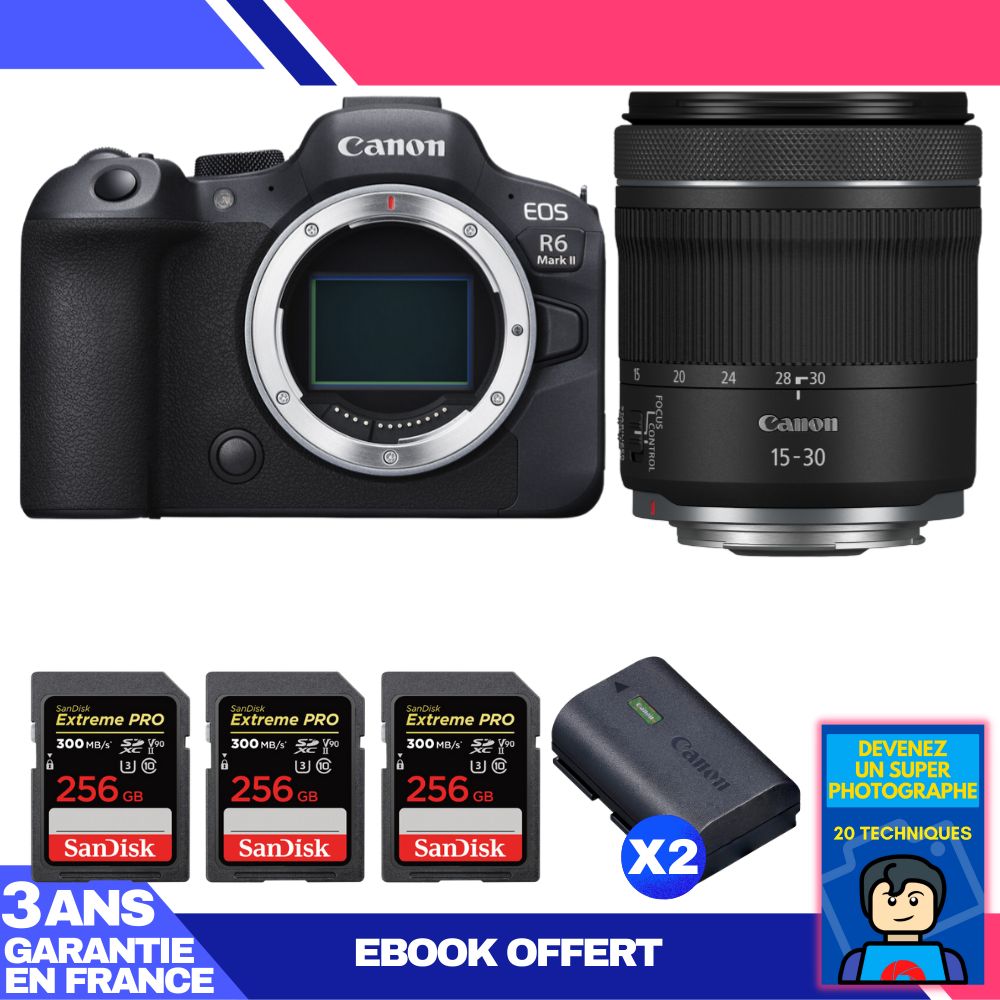 Boitier Canon EOS R6 Mark II + RF 15 30mm f4.5 6.3 IS STM + 3 SanDisk Extreme PRO UHS II SDXC 300 MB/ + 2 Canon LP E6NH + Ebook 'Devenez Un Super Photographe - vue 4