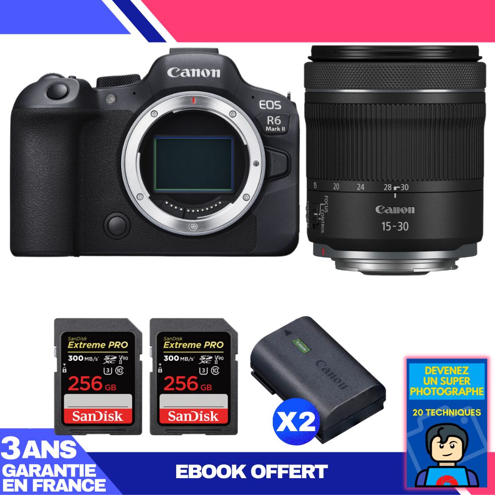 Boitier Canon EOS R6 Mark II + RF 15 30mm f4.5 6.3 IS STM + 2 SanDisk Extreme PRO UHS II SDXC 300 MB/ + 2 Canon LP E6NH + Ebook 'Devenez Un Super Photographe - vue 3