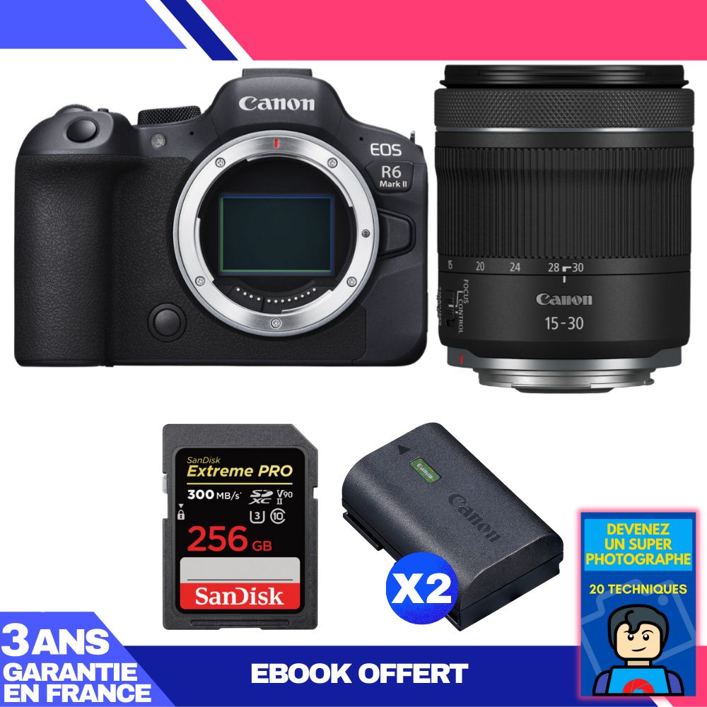 Boitier Canon EOS R6 Mark II + RF 15 30mm f4.5 6.3 IS STM + 1 SanDisk Extreme PRO UHS II SDXC 300 MB/ + 2 Canon LP E6NH + Ebook 'Devenez Un Super Photographe