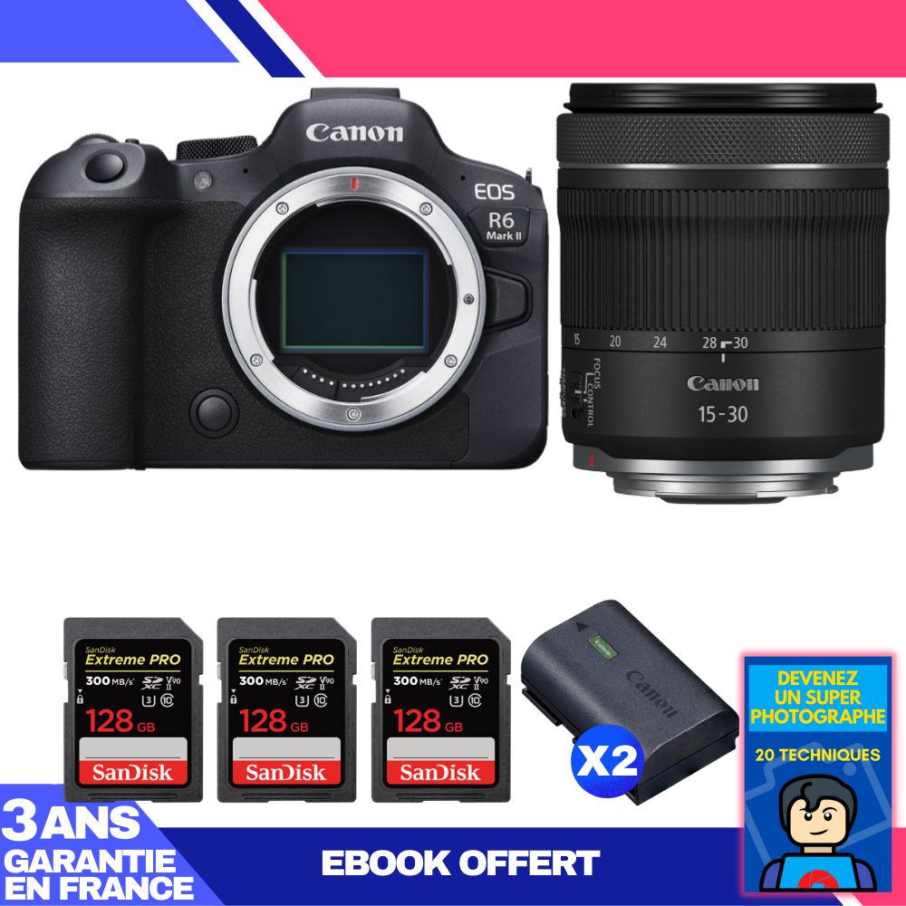 Boitier Canon EOS R6 Mark II + RF 15 30mm f4.5 6.3 IS STM + 3 SanDisk Extreme PRO UHS II SDXC 300 MB/ + 2 Canon LP E6NH + Ebook 'Devenez Un Super Photographe