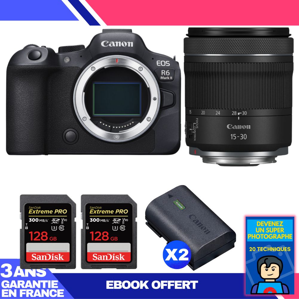 Boitier Canon EOS R6 Mark II + RF 15 30mm f4.5 6.3 IS STM + 2 SanDisk Extreme PRO UHS II SDXC 300 MB/ + 2 Canon LP E6NH + Ebook 'Devenez Un Super Photographe - vue 2