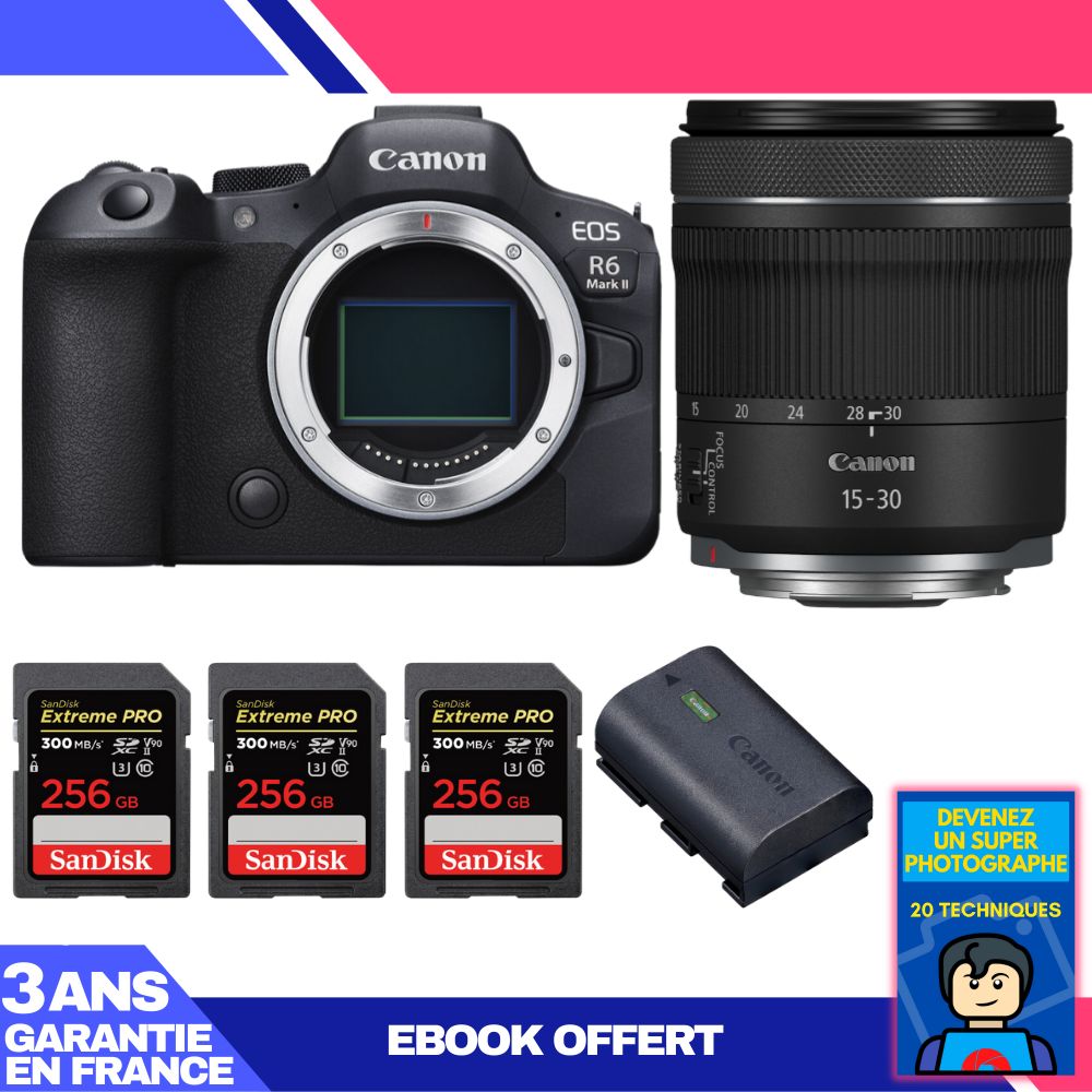 Boitier Canon EOS R6 Mark II + RF 15 30mm f4.5 6.3 IS STM + 3 SanDisk Extreme PRO UHS II SDXC 300 MB/ + 1 Canon LP E6NH + Ebook 'Devenez Un Super Photographe