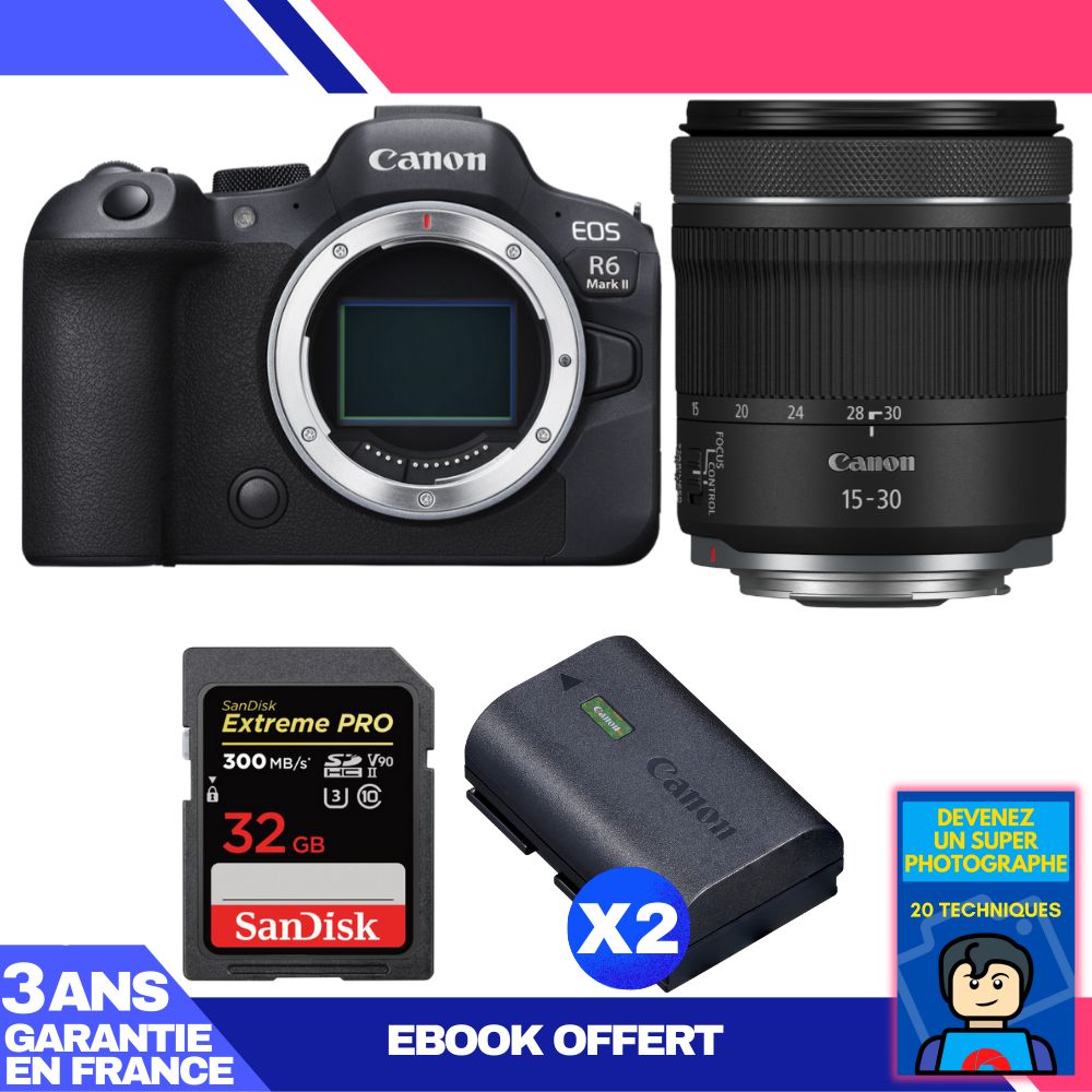 Boitier Canon EOS R6 Mark II + RF 15 30mm f4.5 6.3 IS STM + 1 SanDisk Extreme PRO UHS II SDXC 300 MB/ + 2 Canon LP E6NH + Ebook 'Devenez Un Super Photographe - vue 3