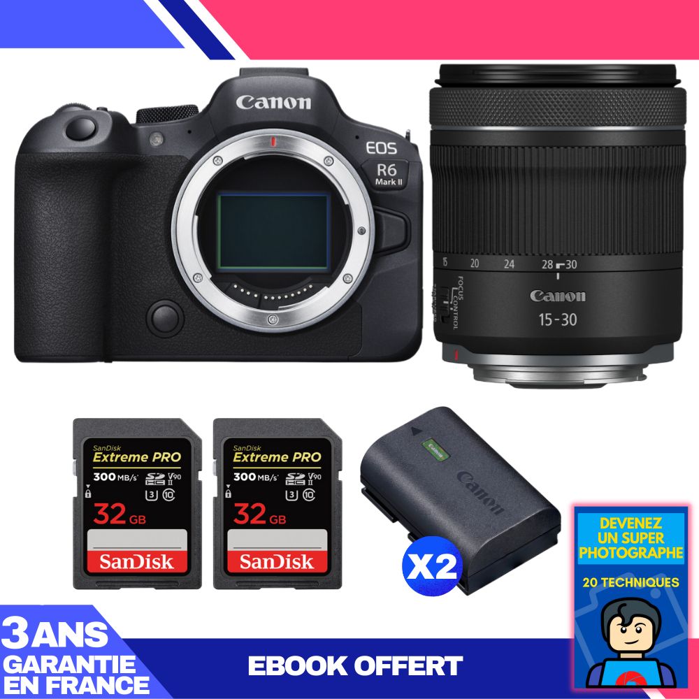 Boitier Canon EOS R6 Mark II + RF 15 30mm f4.5 6.3 IS STM + 2 SanDisk Extreme PRO UHS II SDXC 300 MB/ + 2 Canon LP E6NH + Ebook 'Devenez Un Super Photographe