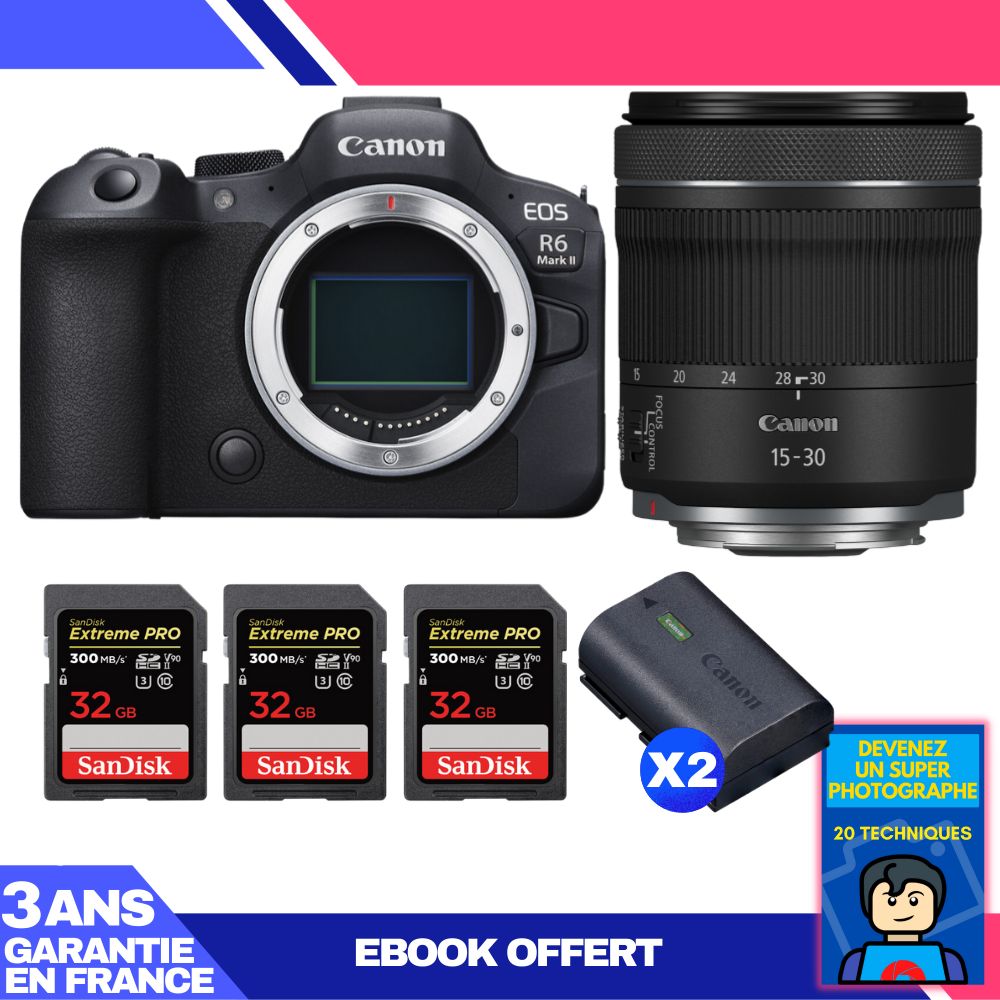 Boitier Canon EOS R6 Mark II + RF 15 30mm f4.5 6.3 IS STM + 3 SanDisk Extreme PRO UHS II SDXC 300 MB/ + 2 Canon LP E6NH + Ebook 'Devenez Un Super Photographe - vue 2