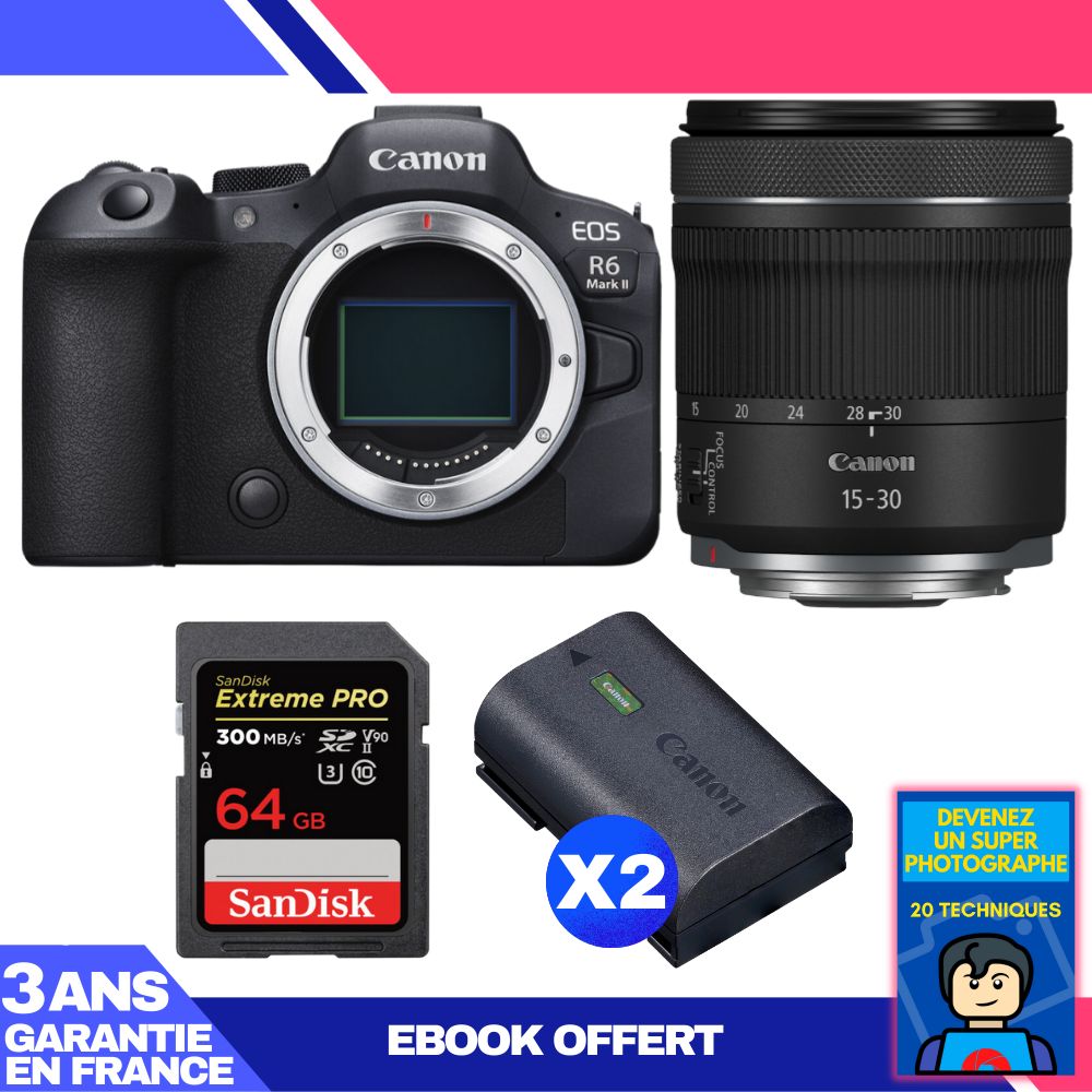 Boitier Canon EOS R6 Mark II + RF 15 30mm f4.5 6.3 IS STM + 1 SanDisk Extreme PRO UHS II SDXC 300 MB/ + 2 Canon LP E6NH + Ebook 'Devenez Un Super Photographe - vue 2