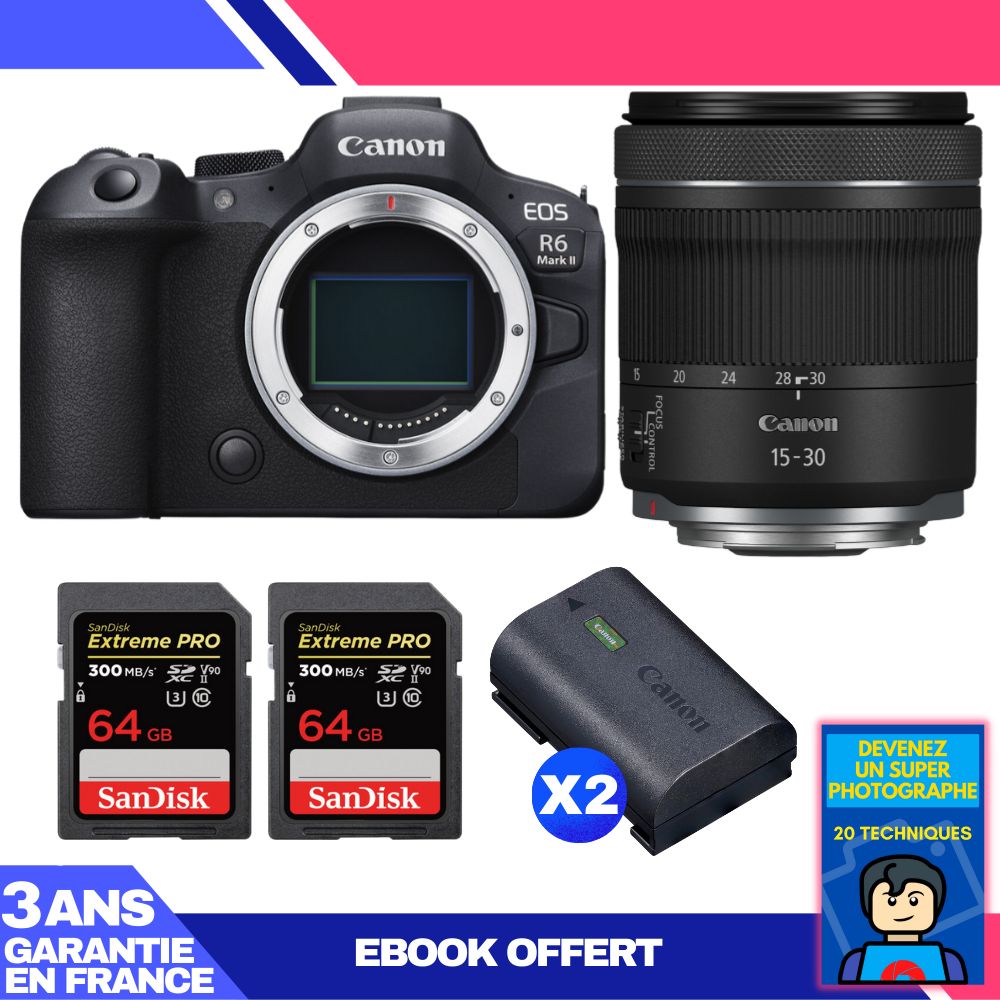 Boitier Canon EOS R6 Mark II + RF 15 30mm f4.5 6.3 IS STM + 2 SanDisk Extreme PRO UHS II SDXC 300 MB/ + 2 Canon LP E6NH + Ebook 'Devenez Un Super Photographe - vue 4