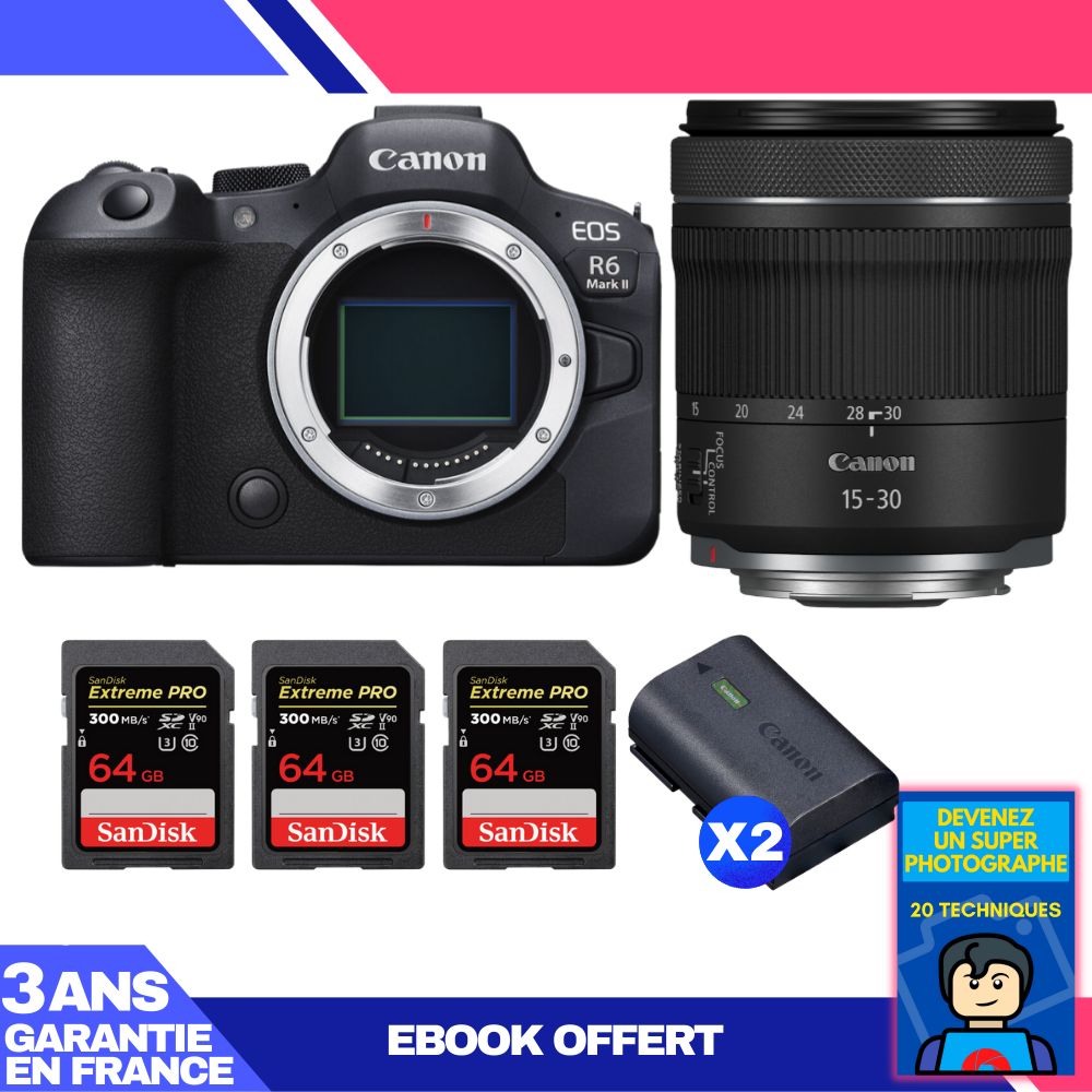 Boitier Canon EOS R6 Mark II + RF 15 30mm f4.5 6.3 IS STM + 3 SanDisk Extreme PRO UHS II SDXC 300 MB/ + 2 Canon LP E6NH + Ebook 'Devenez Un Super Photographe - vue 3