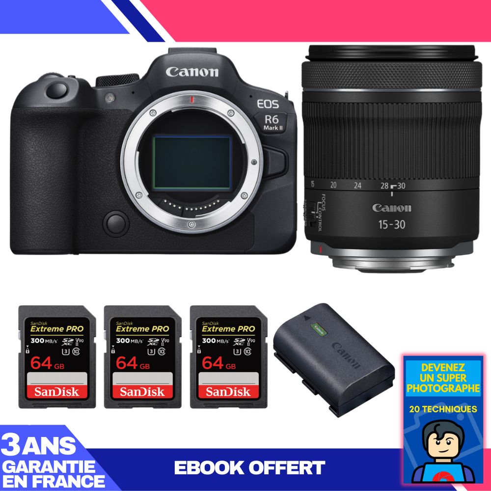Boitier Canon EOS R6 Mark II + RF 15 30mm f4.5 6.3 IS STM + 3 SanDisk Extreme PRO UHS II SDXC 300 MB/ + 1 Canon LP E6NH + Ebook 'Devenez Un Super Photographe - vue 4