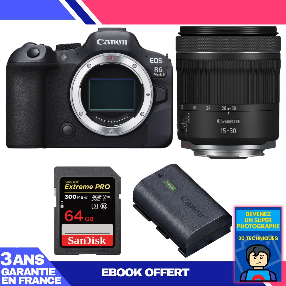 Boitier Canon EOS R6 Mark II + RF 15 30mm f4.5 6.3 IS STM + 1 SanDisk Extreme PRO UHS II SDXC 300 MB/ + 1 Canon LP E6NH + Ebook 'Devenez Un Super Photographe - vue 3