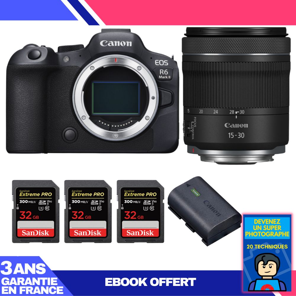 Boitier Canon EOS R6 Mark II + RF 15 30mm f4.5 6.3 IS STM + 3 SanDisk Extreme PRO UHS II SDXC 300 MB/ + 1 Canon LP E6NH + Ebook 'Devenez Un Super Photographe - vue 2