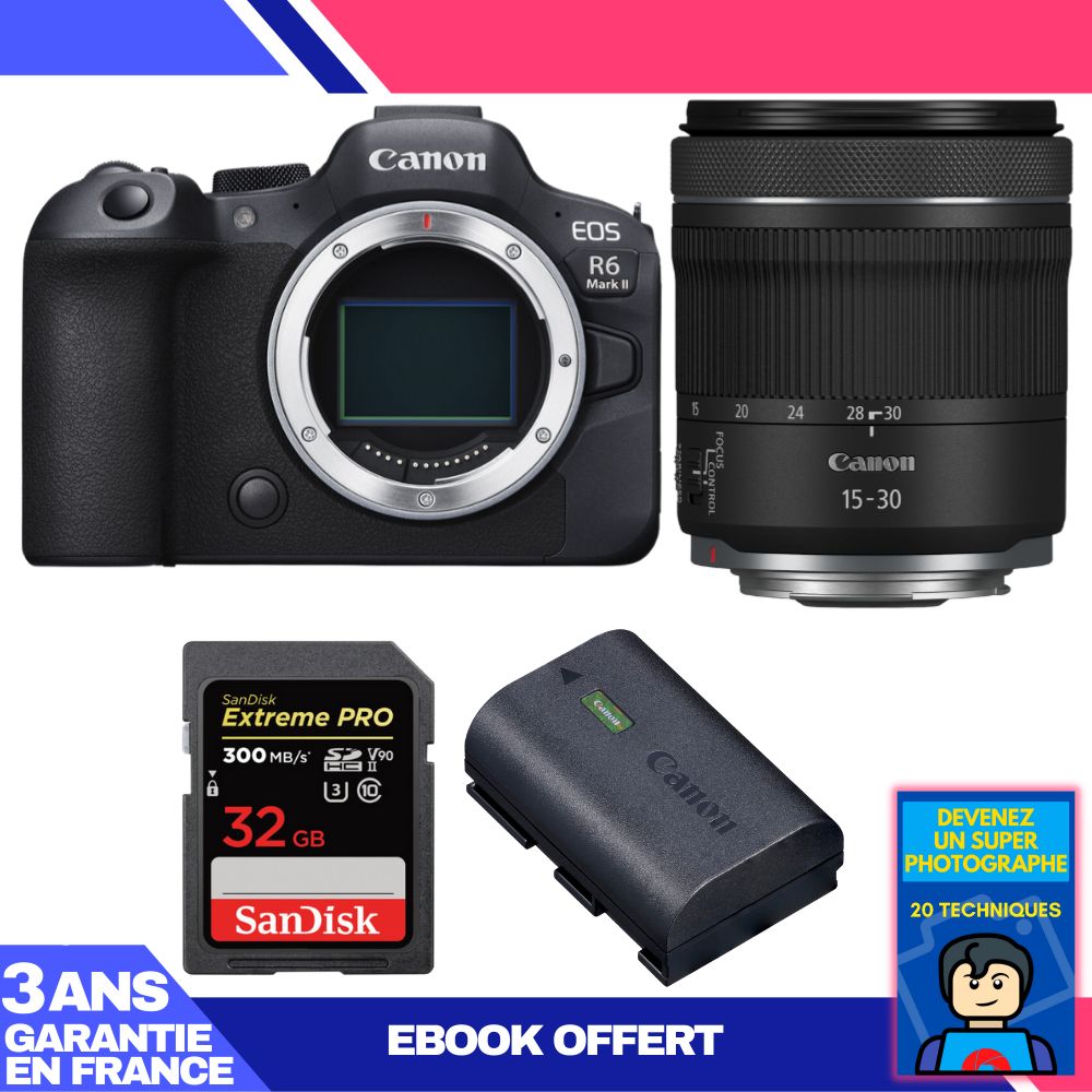Boitier Canon EOS R6 Mark II + RF 15 30mm f4.5 6.3 IS STM + 1 SanDisk Extreme PRO UHS II SDXC 300 MB/ + 1 Canon LP E6NH + Ebook 'Devenez Un Super Photographe - vue 2