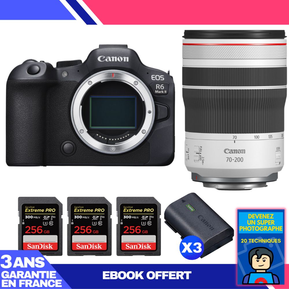 Boitier Canon EOS R6 Mark II + RF 70 200mm f4 IS USM + 3 SanDisk Extreme PRO UHS II SDXC 300 MB/ + 3 Canon LP E6NH + Ebook 'Devenez Un Super Photographe